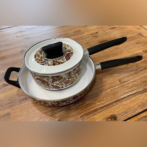Retro Fancipans Enamelware Saucepan and Skillet with a Brown Paisley Pattern.